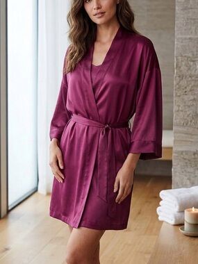 Victoria's Secret Mauve Dusty Rose Pink Belted Satin Kimono Robe Size M/L